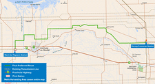 Map of Winnipeg and Portage la Prairie with the preferred route marked in a solid green line.