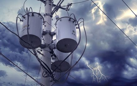 A hydro pole in a lightning storm.