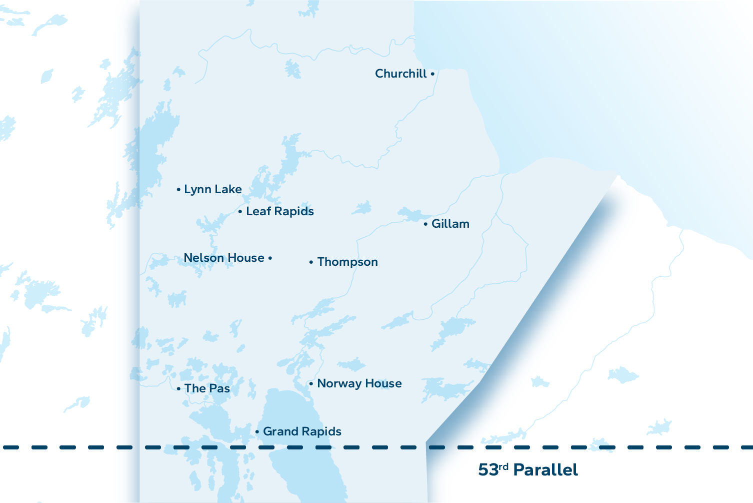 Map featuring Manitoban communities north of the 53rd parallel