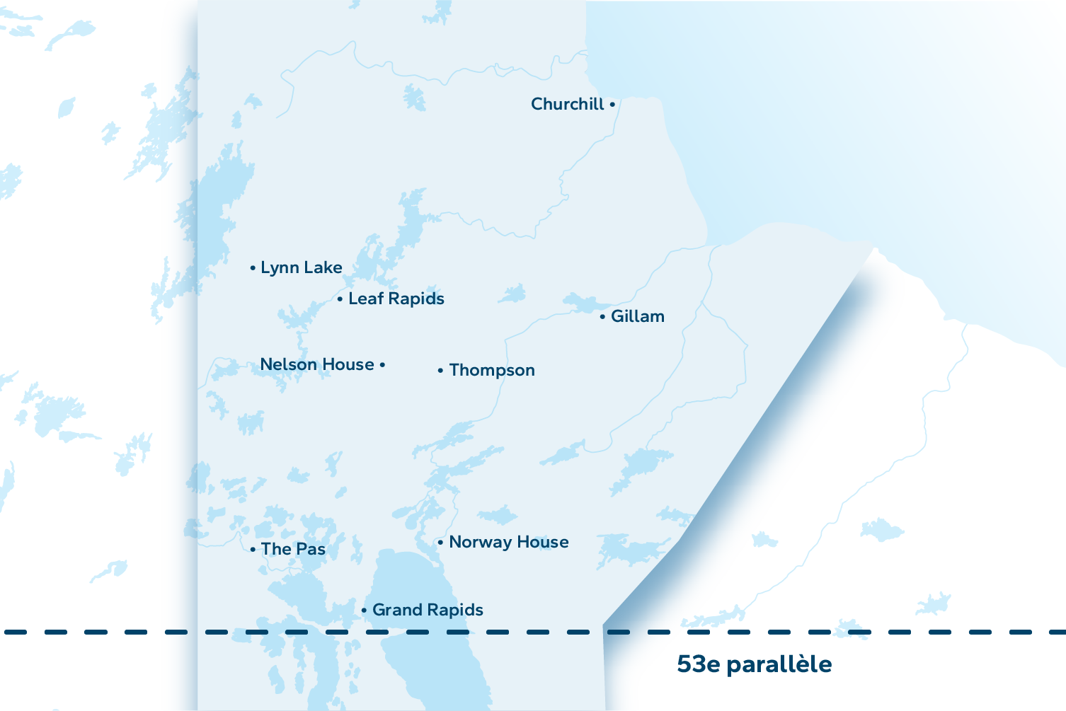 Carte présentant les communautés manitobaines au nord du 53e parallèle