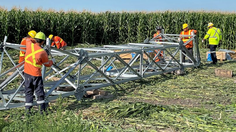 Workers building transmission towers beside a corn field.