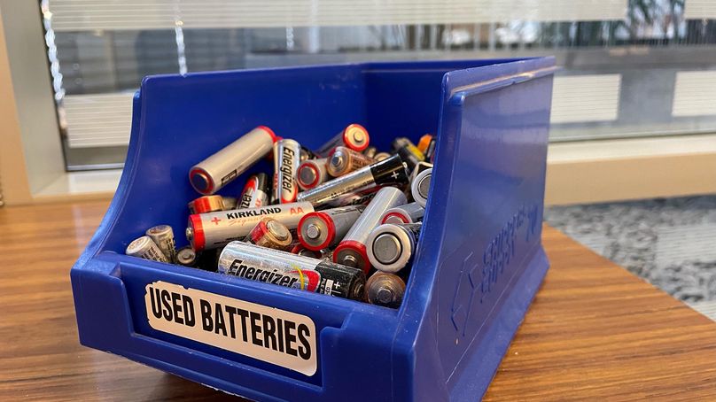 Container of used batteries.