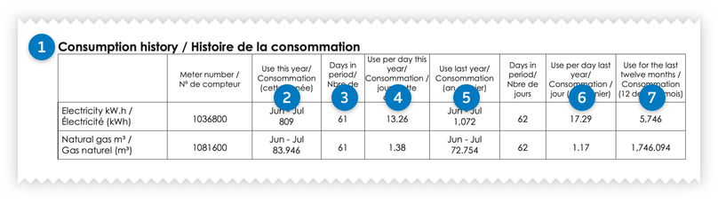 Un exemple de la portion de la facture détaillant l’historique de la consommation. Ce tableau contient les colonnes suivantes : Consommation (cette année); Nombre de jours; Consommation/jour (cette année); Consommation (an dernier) et Consommation (12 derniers mois).