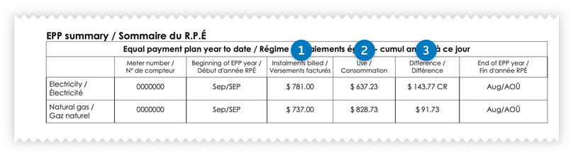 An example of the EPP summary on the paper bill. The table contains columns labelled: Meter number; Beginning of EPP year; Instalments billed; Use; Difference, and End of EPP year.