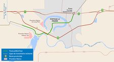 Carte de Portage la Prairie où le tracé définitif privilégié pour BP6/BP7 est marqué d’une ligne verte continue.