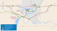 Map of Portage la Prairie with the final preferred route for BP6/BP7 marked in a solid green line.
