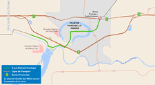 Carte montrant Portage-la-Prairie et le tracé définitif privilégié pour la ligne BP6/BP7, indiqué par une ligne verte continue.
