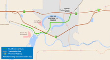Map of Portage la Prairie with the final preferred route for BP6/BP7 marked in a solid green line.