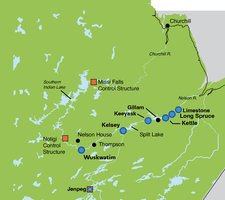 Map of Churchill and Nelson rivers with control structures and generating stations.