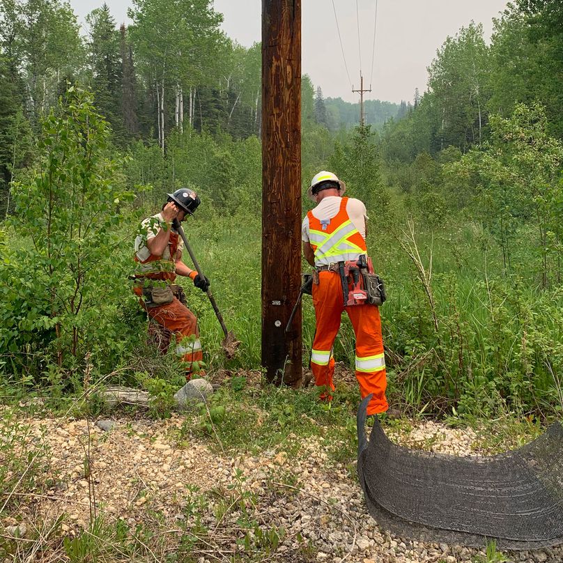 Two contractors working to install mesh fire wrapping around a pole. A long transmission corridor can be seen in the background.