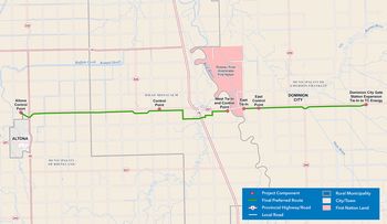 A map of the final preferred route gas transmission line from Dominion City to Altona.