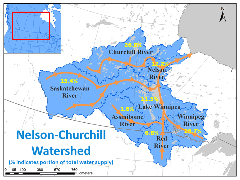 Carte du bassin hydrographique du nord-ouest de l’Ontario, du Manitoba, de la Saskatchewan, de l’Alberta et des États américains du nord.