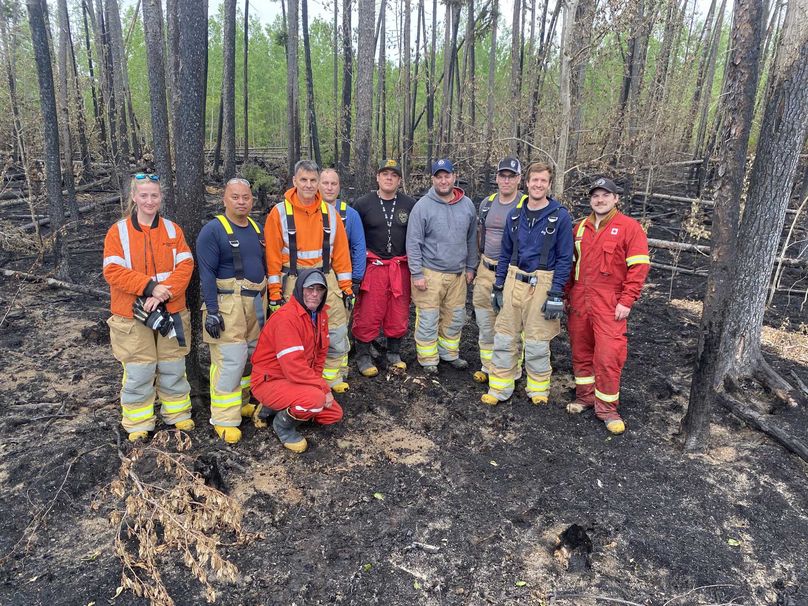 Group of ten people in a burnt forest.