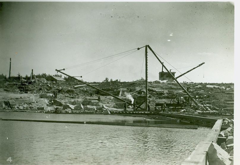 Black and white photo of Great Falls construction site.