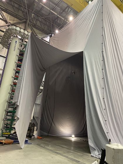 Large 30 x 30x 50 ft fog chamber used for anomalous flashover investigation inside the high-voltage hall