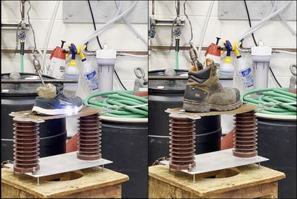 Side-by-side comparison of a regular sneaker showing discharge under high voltage and a CSA-certified safety shoe.