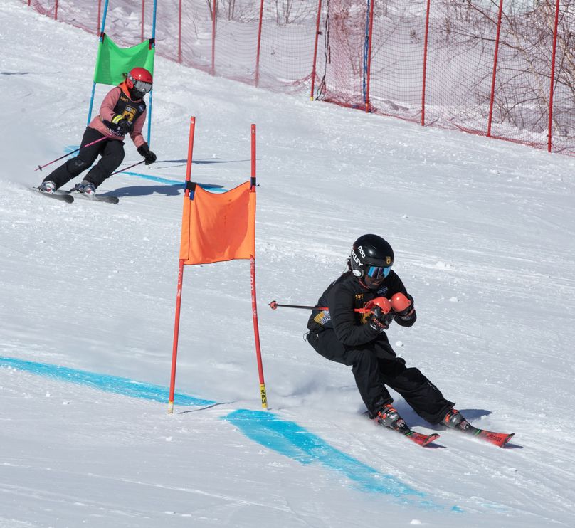 Two slalom skiers race down a ski hill.