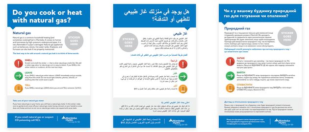 Colourful Manitoba Hydro pamphlets detailing natural gas and carbon monoxide safety tips, displayed in English, Arabic and Ukrainian.