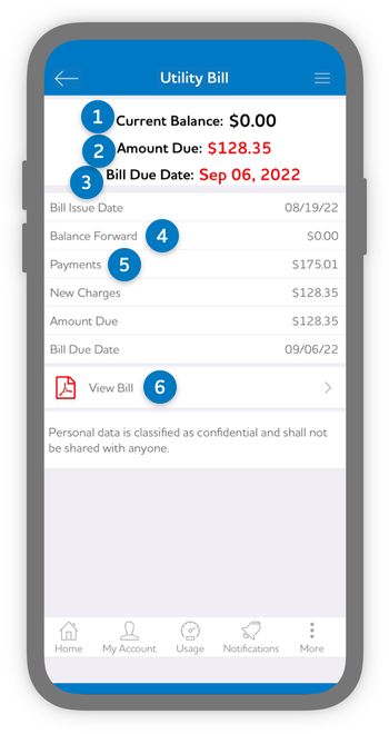 Screen shot of utility bill summary within the Hydro app displayed on a smart device.
