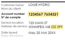 Example of a bill highlighting the account number and postal code.
