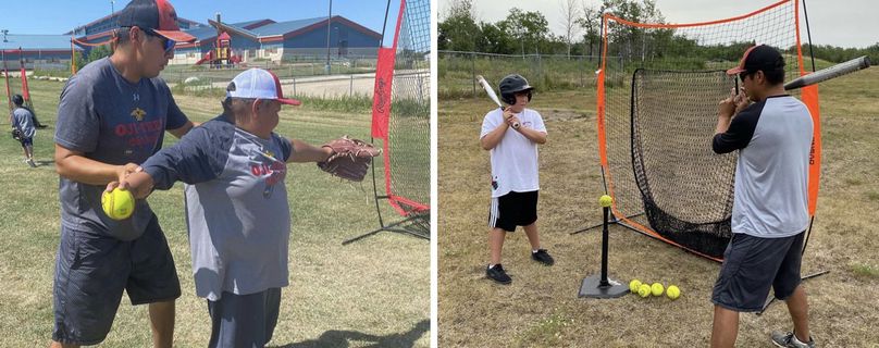 Left: A man shows the proper throwing form to a boy wearing a catcher’s mitt and holding a softball. Right: A man shows how to properly swing a bat to a boy standing in front of a baseball catching net and tee.