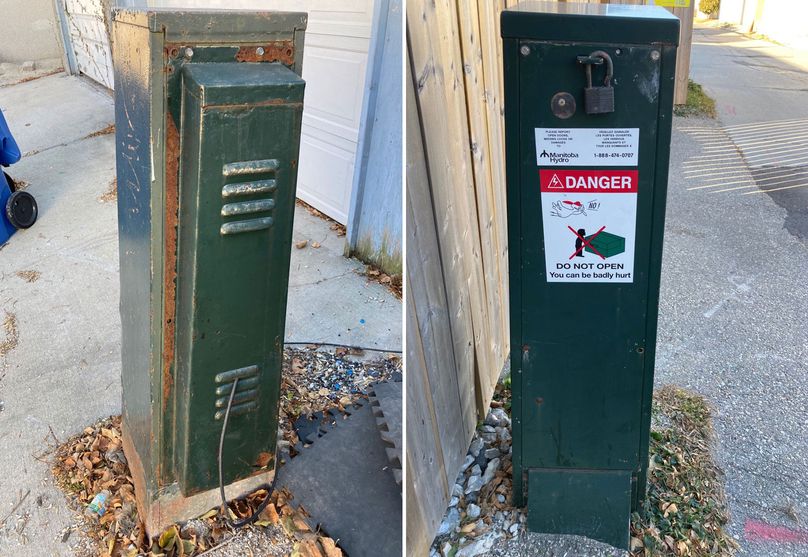 Deux photos juxtaposées : à gauche, une boîte métallique allongée et rouillée, couleur vert forêt, dont un petit fil sort d’un évent pratiqué à sa base. À droite, une boîte métallique couleur vert forêt, de la hauteur de la taille. Cette boîte, dotée d’un cadenas au sommet, est flanquée de deux boulons de chaque côté. Un autocollant de Manitoba Hydro et un autre portant l’inscription DANGER se trouvent juste en dessous
