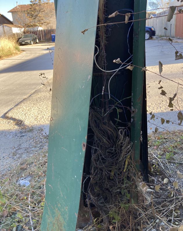 Photo d’une boîte métallique verte de la hauteur de la taille dont un panneau est ouvert et sur le côté. Les fils contenus dans la boîte sont fins comme ceux d’un câble de chargeur de téléphone.