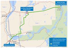 A map of the final preferred route for the Pointe du Bois to Whiteshell transmission line.