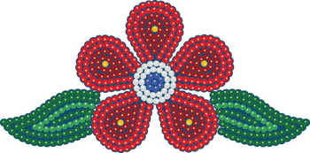 A red, five-petaled, beaded flower with a white and blue center, flanked by two leaves.