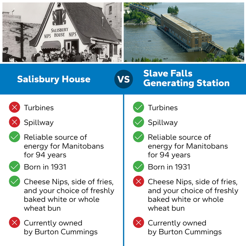 A humorous comparison between Salisbury House and Slave Falls Generating Station