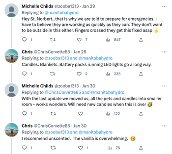 Two Twitter users discuss strategies of staying warm.