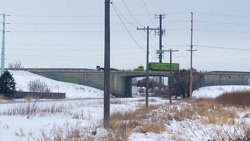 Utility poles in a field with snow.