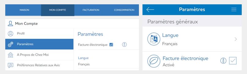Photo de l’écran des paramètres de la facturation électronique dans votre compte en ligne.