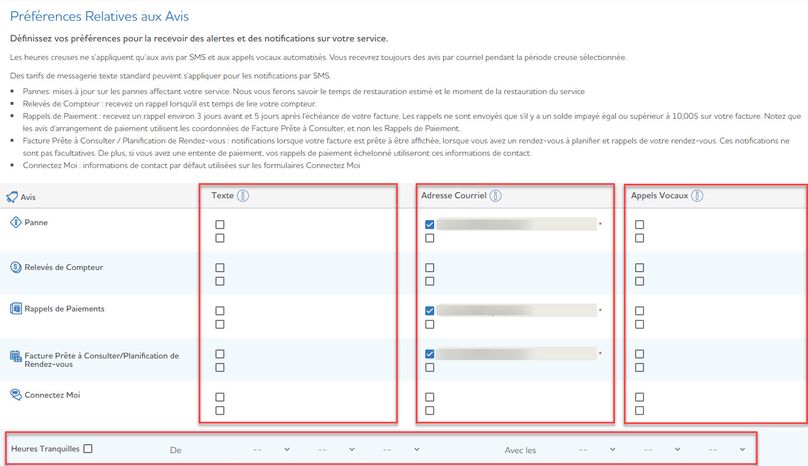 Aperçu de l’écran des paramètres de notifications de votre compte en ligne.