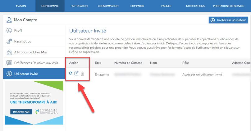 Aperçu de l’écran de gestion des utilisateurs de votre compte en ligne.