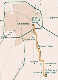 Illustrated map of the transmission line route from the St. Vital Terminal Station to the De Salaberry East Station.