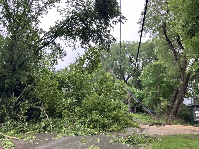 A pile of fallen tree branches in the foreground partially obscures a downed power pole and downed power lines.