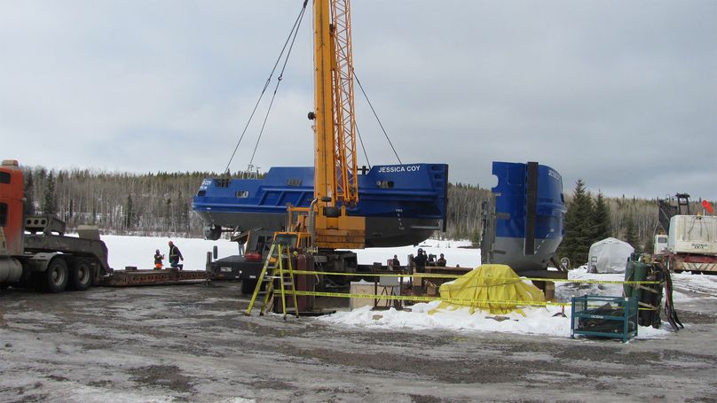 The Jessica Coy tugboat being assembled in northern Manitoba.