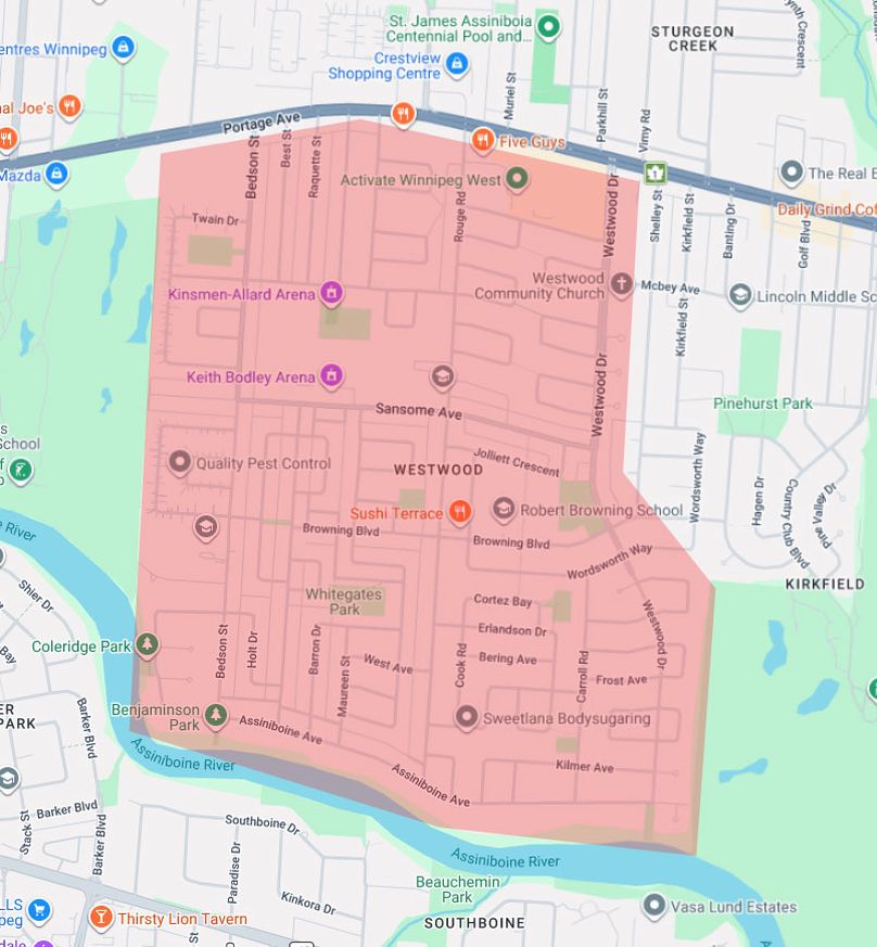 Map of Winnipeg's Westood area affected by reliability upgrades