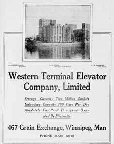 Annonce publicitaire de journal pour la Western Terminal Elevator Company, 1915.