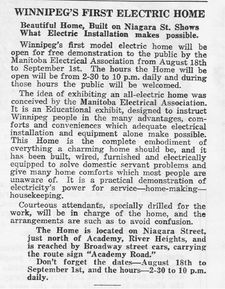 News story advertising public tours for Winnipeg’s first electric home.