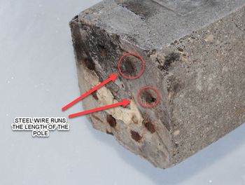 Cross section of a concrete pole showing the steel rods used inside the concrete.