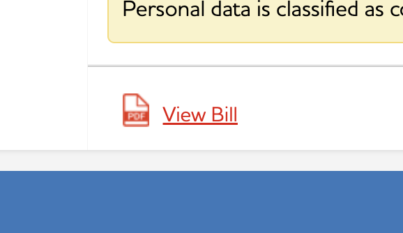 A screenshot of a red text that reads 'view bill pdf' with a small PDF icon next to it.