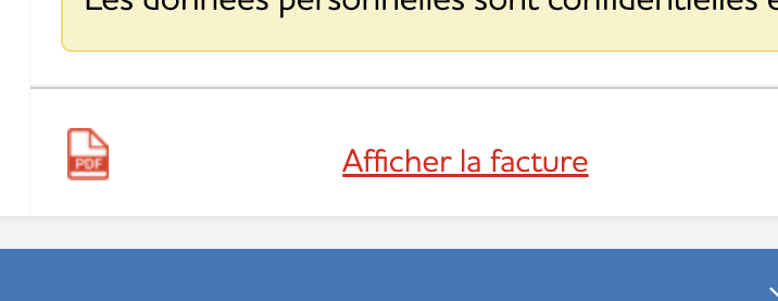 Une capture d’écran d’un texte rouge indiquant « Voir la facture au format PDF » avec une petite icône PDF à côté.